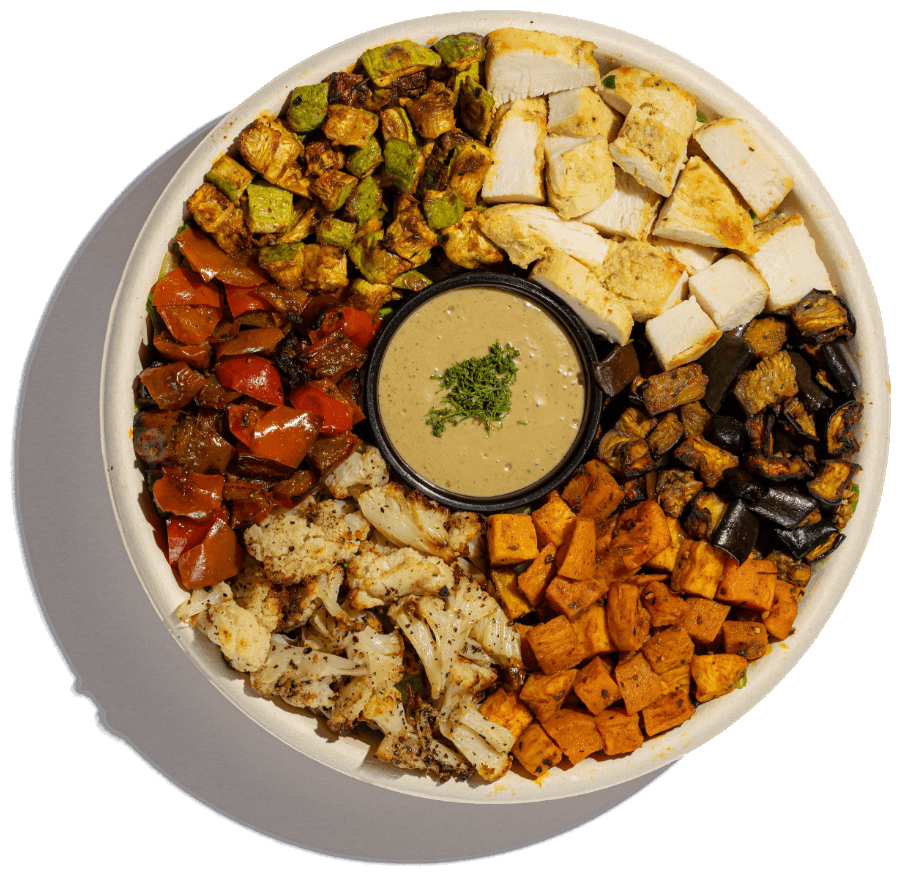 Roasted vegetable and chicken bowl, overhead